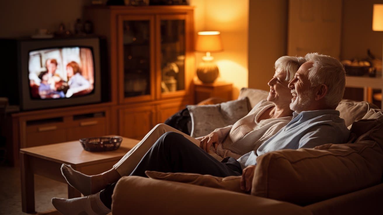 Elderly couple watching TV and laughing