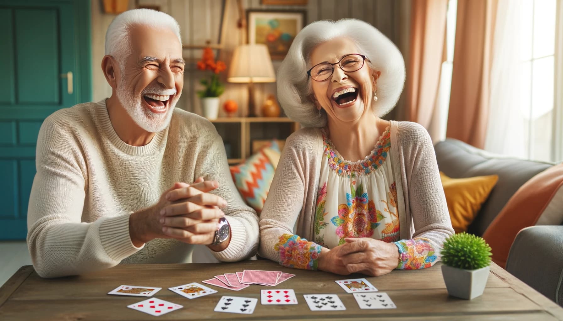 old couple having fun playing cards
