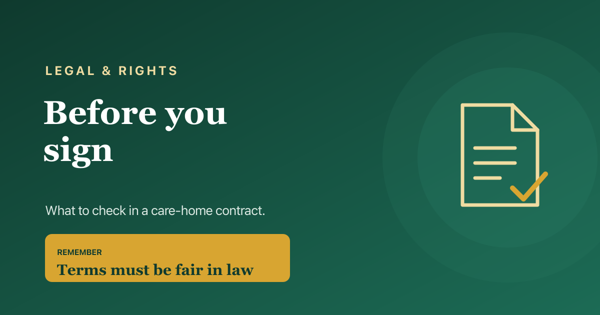 Care home contracts — what to check before you sign, from fees and notice periods to fair-terms rights.